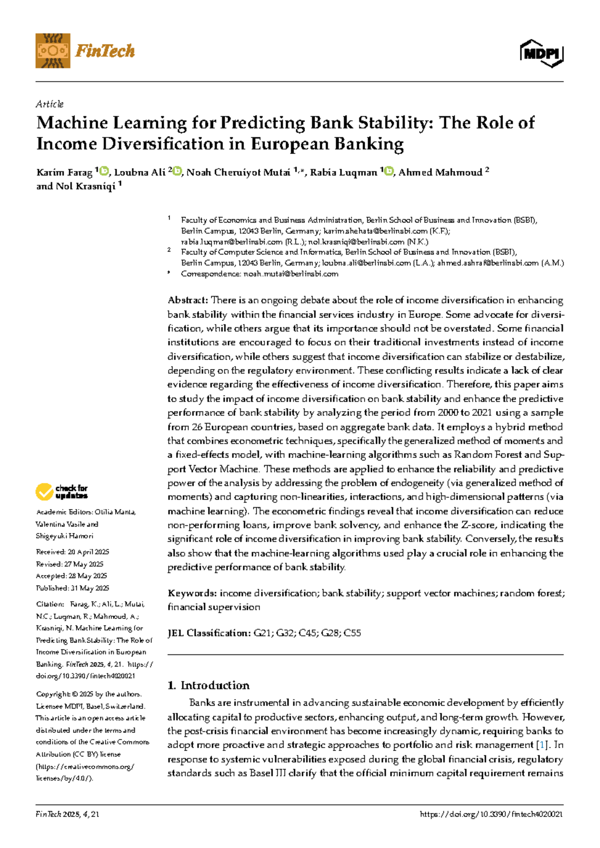 Machine Learning for Predicting Bank Stability: Income Diversification ...