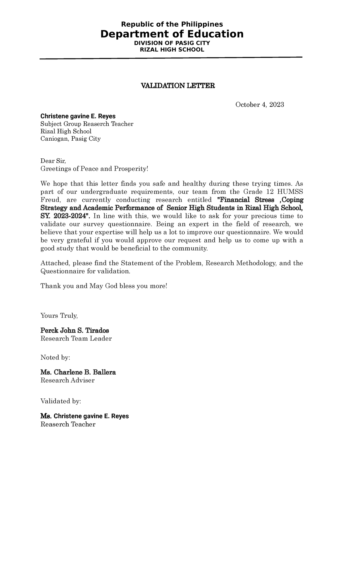 Validation Letter Template for Financial Stress Research - HUMSS 12 ...