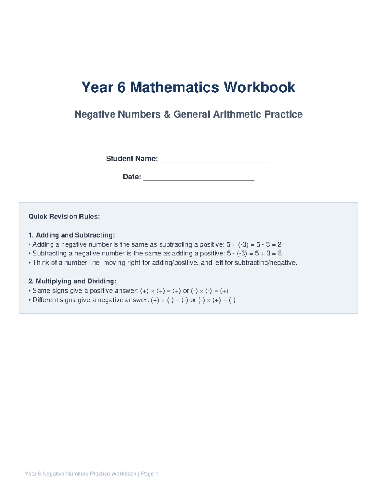 Year 6 Mathematics Workbook: Negative Numbers Practice Worksheets - Studocu