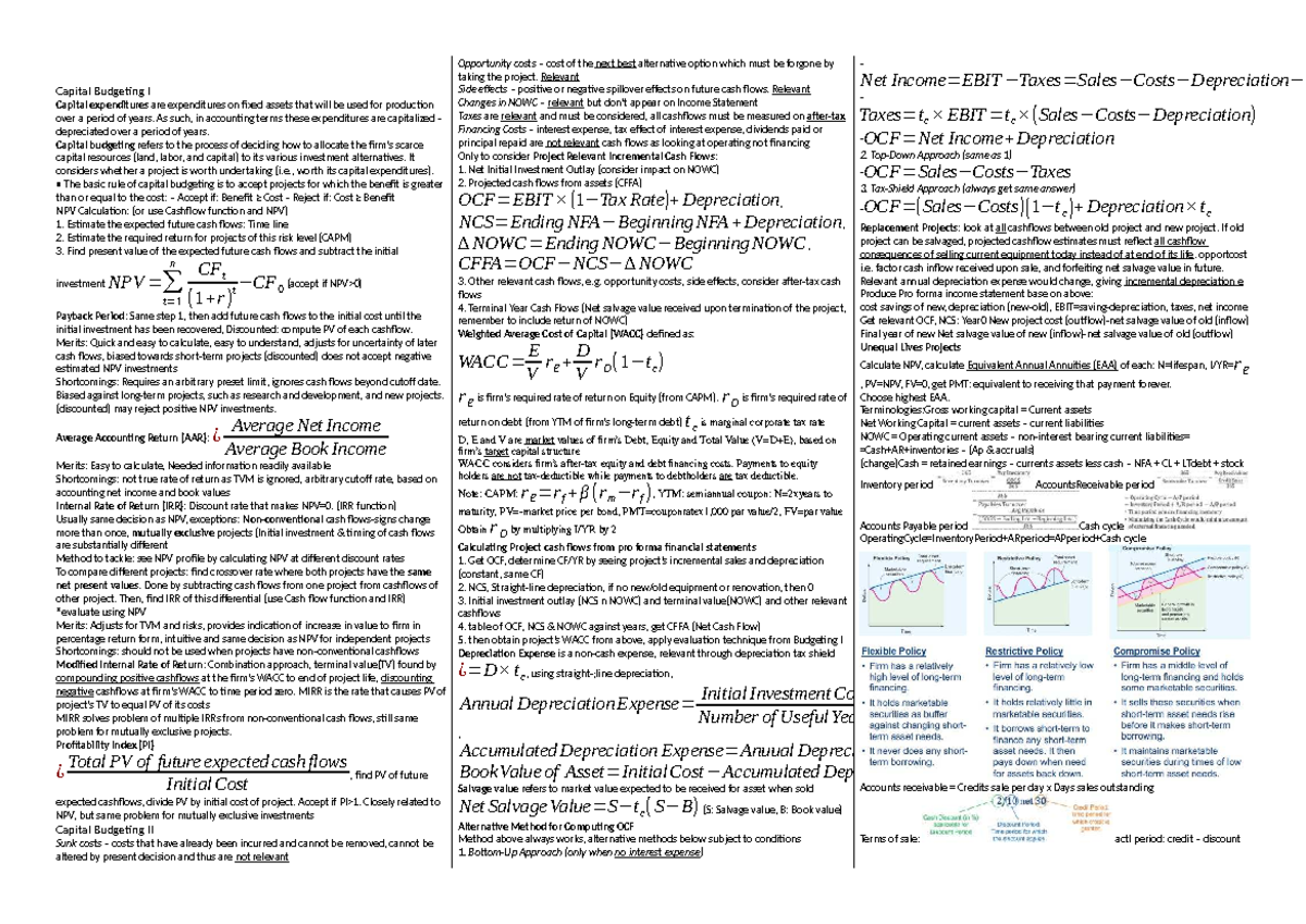 Capital Budgeting I & II Cheatsheet - Key Concepts & Formulas - Studocu