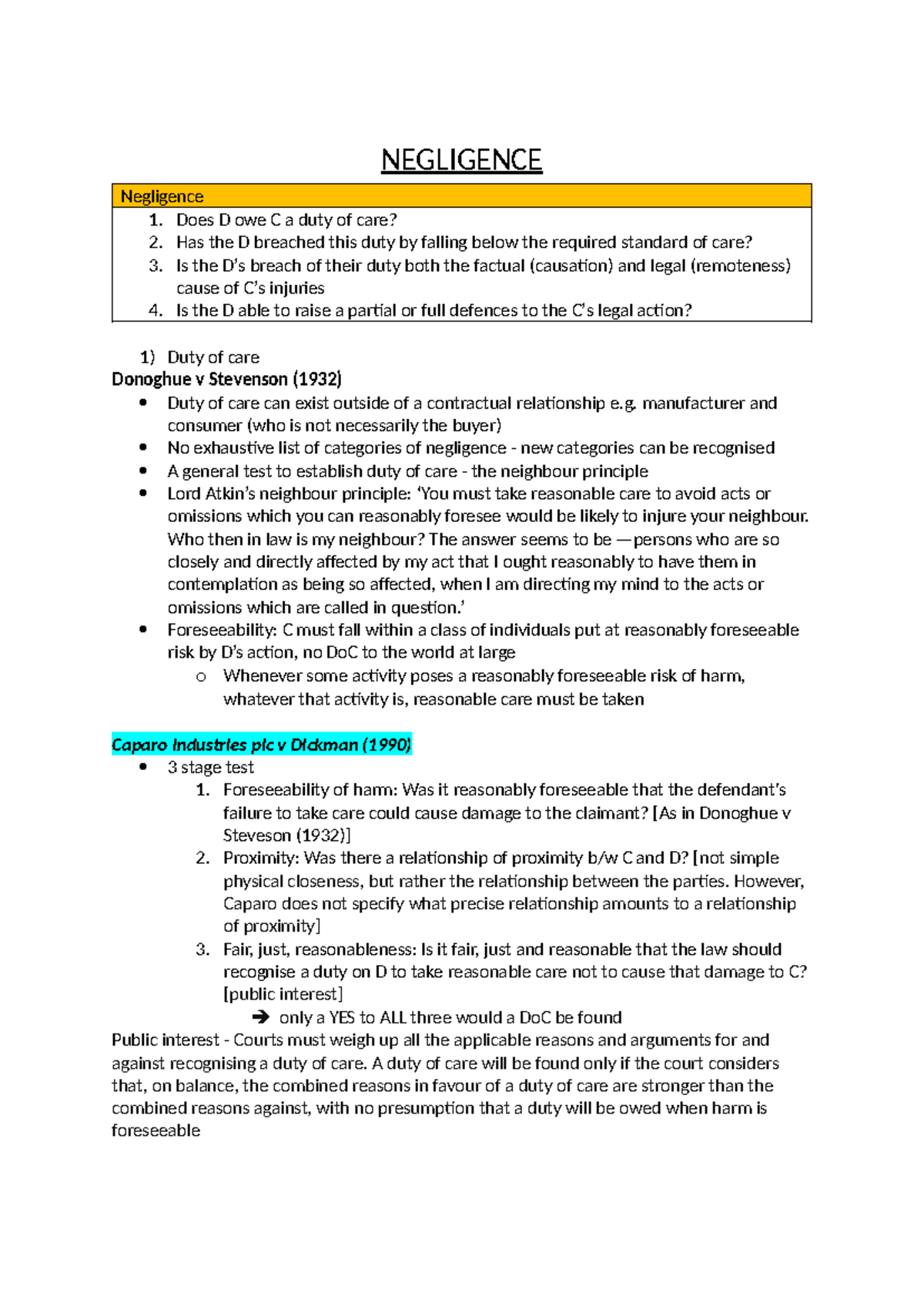 Tort Law OBOE Notes: Understanding Negligence and Duty of Care - Studocu