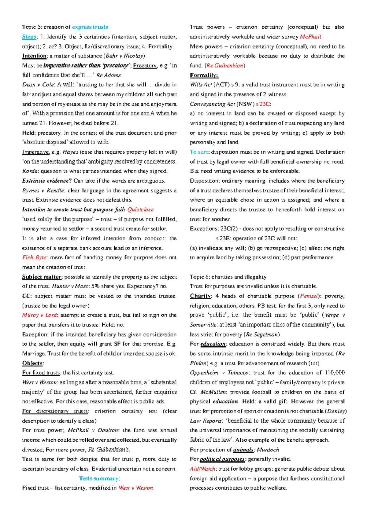 LAWS2205 Final Exam Cases - Summary of Trusts and Equity Issues - Studocu