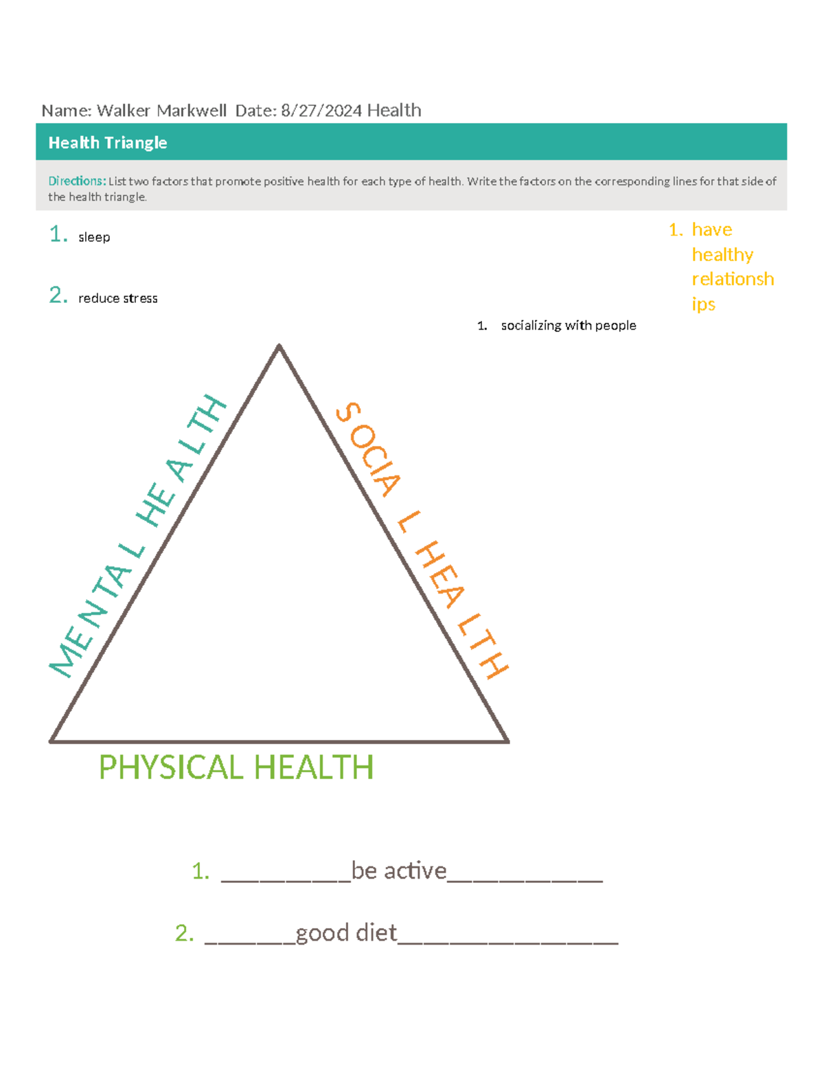 Healthy balance show it - Name: Walker Markwell Date: 8/27/2024 Health ...