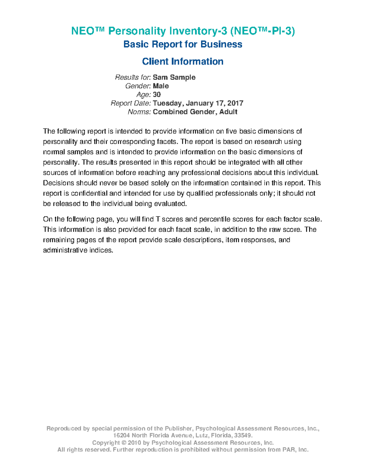 NEO PI 3 Sample Report for Business Analysis - Sam Sample - Studocu