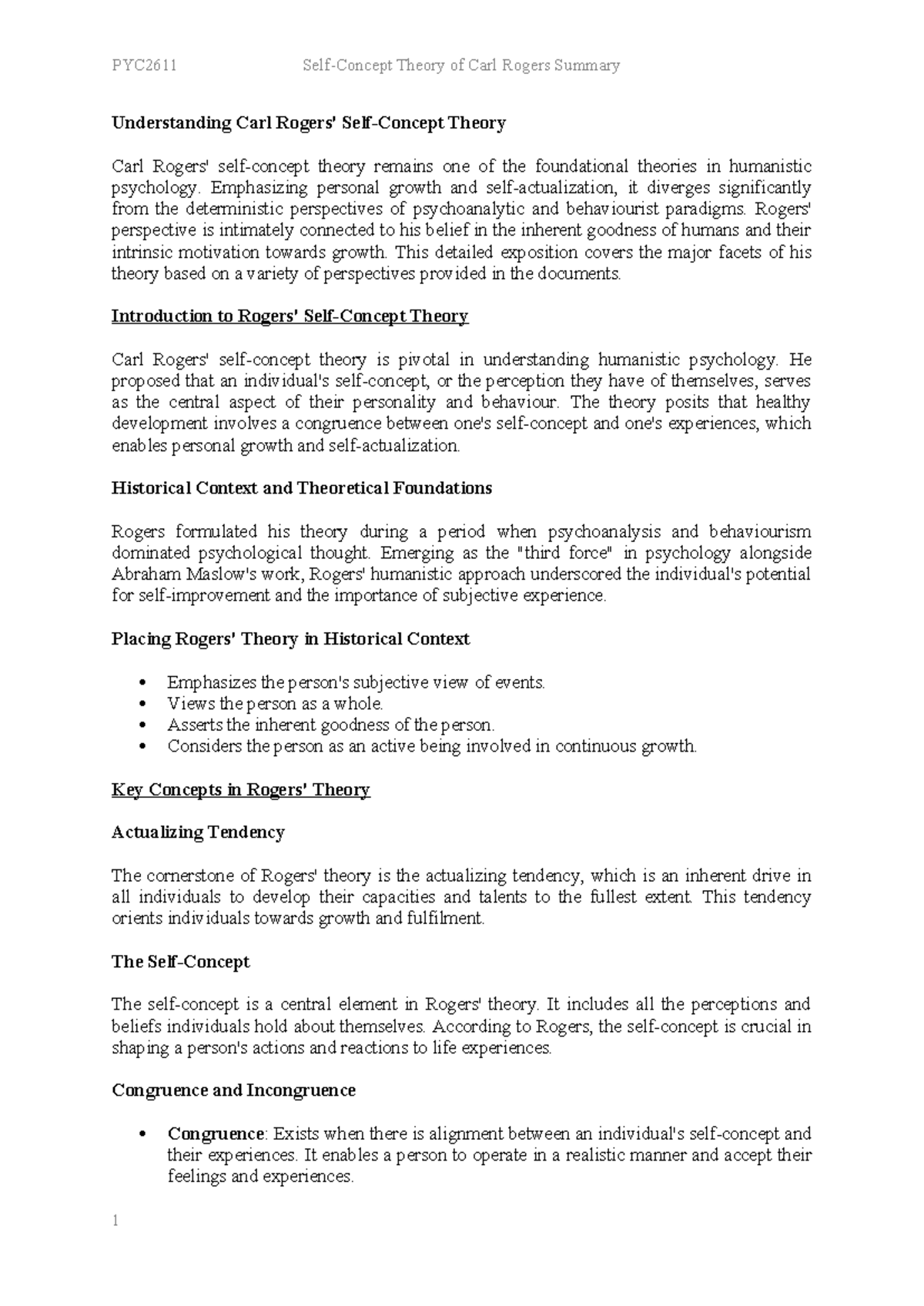 PYC2611 Final Exam Summary: Understanding Carl Rogers' Humanistic ...
