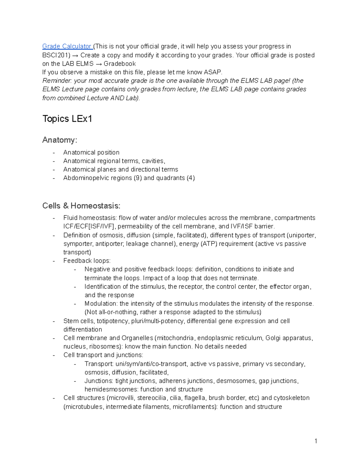 BSCI201 Study Guide: LEx1 Exam Preparation and Grade Calculator - Studocu