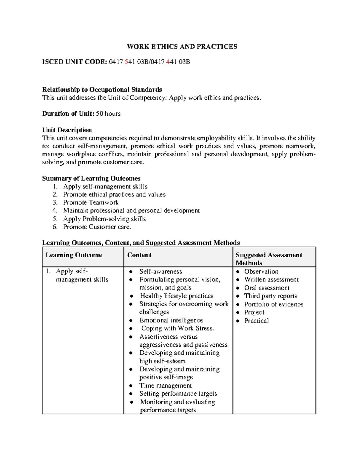 Work Ethics and Practices Lecture Notes (ISCED 0417 541 03B) - Studocu