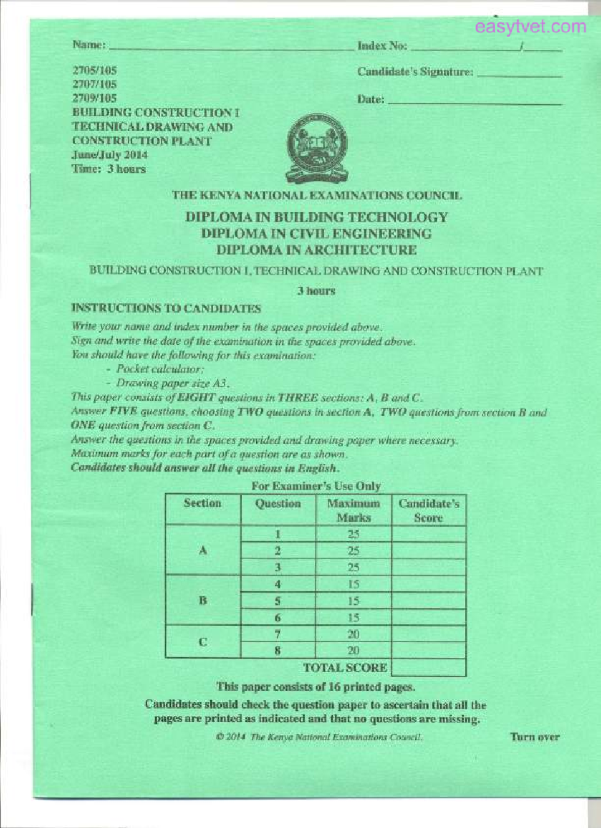 Building Construction I: Technical Drawing & Construction Plant Exam ...
