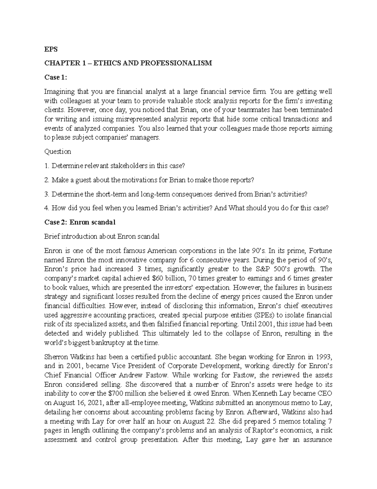 EPS - Practice questions - EPS CHAPTER 1 – ETHICS AND PROFESSIONALISM ...