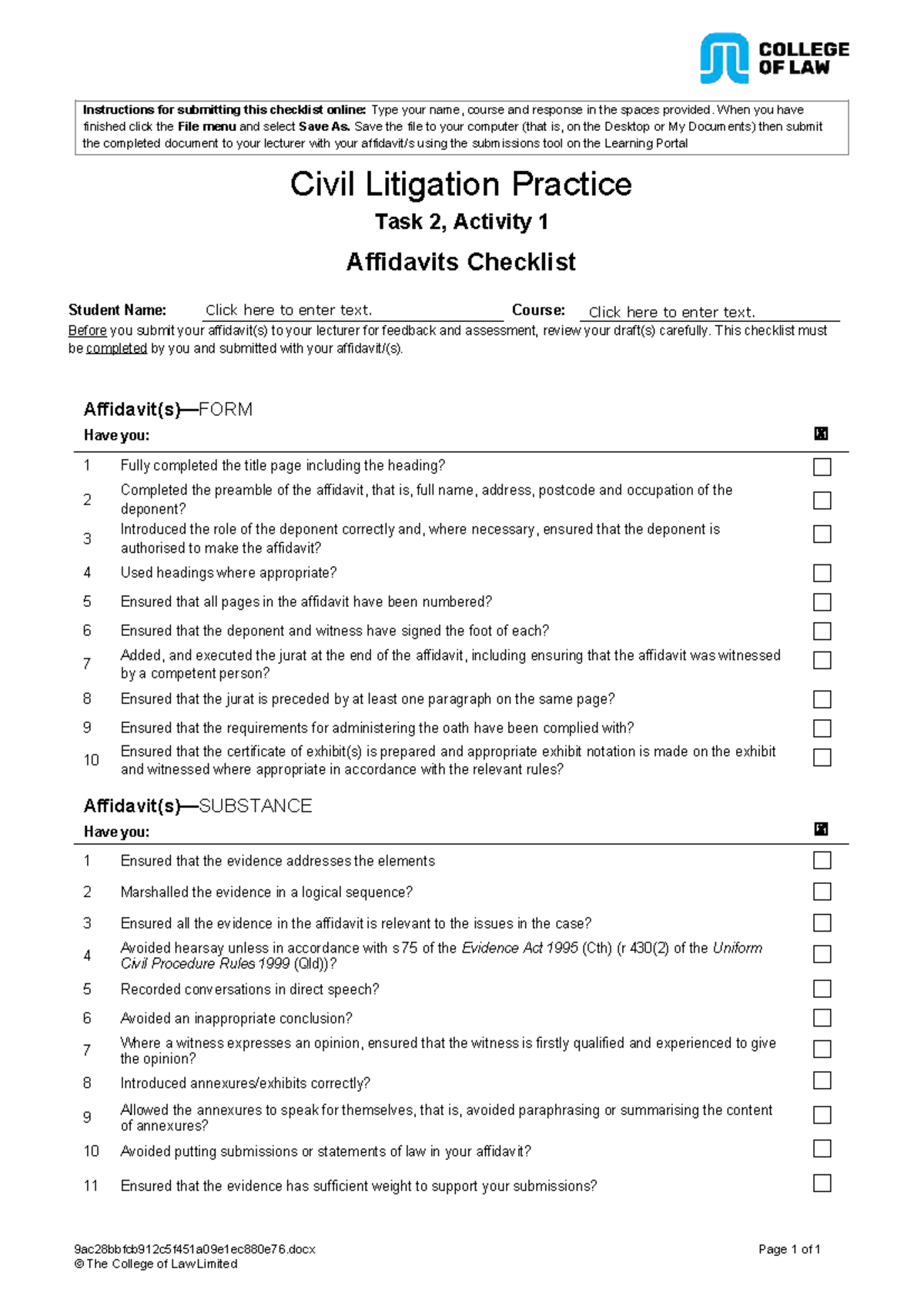 CL T2 A1 Affidavits Submission Checklist for Qld 2024 - Studocu