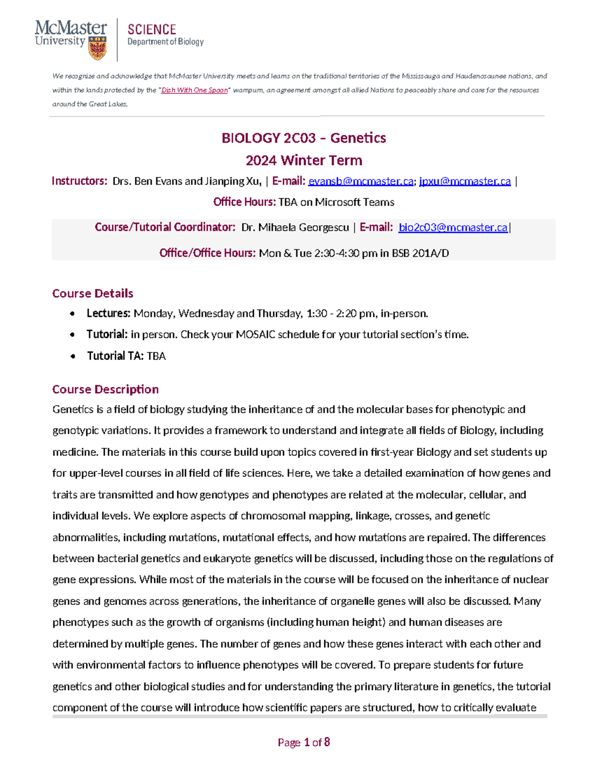 Bio2C03-W2024-Course Outline: Genetics and Evaluation Details - Studocu