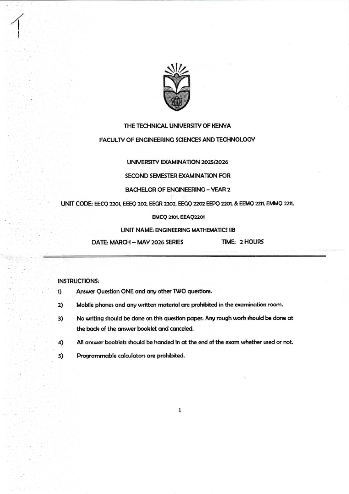 Engineering Mathematics IIB Exam - EECQ 2201, May 2026 - Studocu