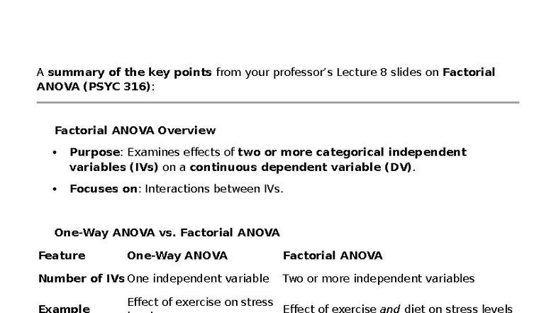 Summary of Lecture 8: Factorial ANOVA Insights (PSYC 316) - Studocu