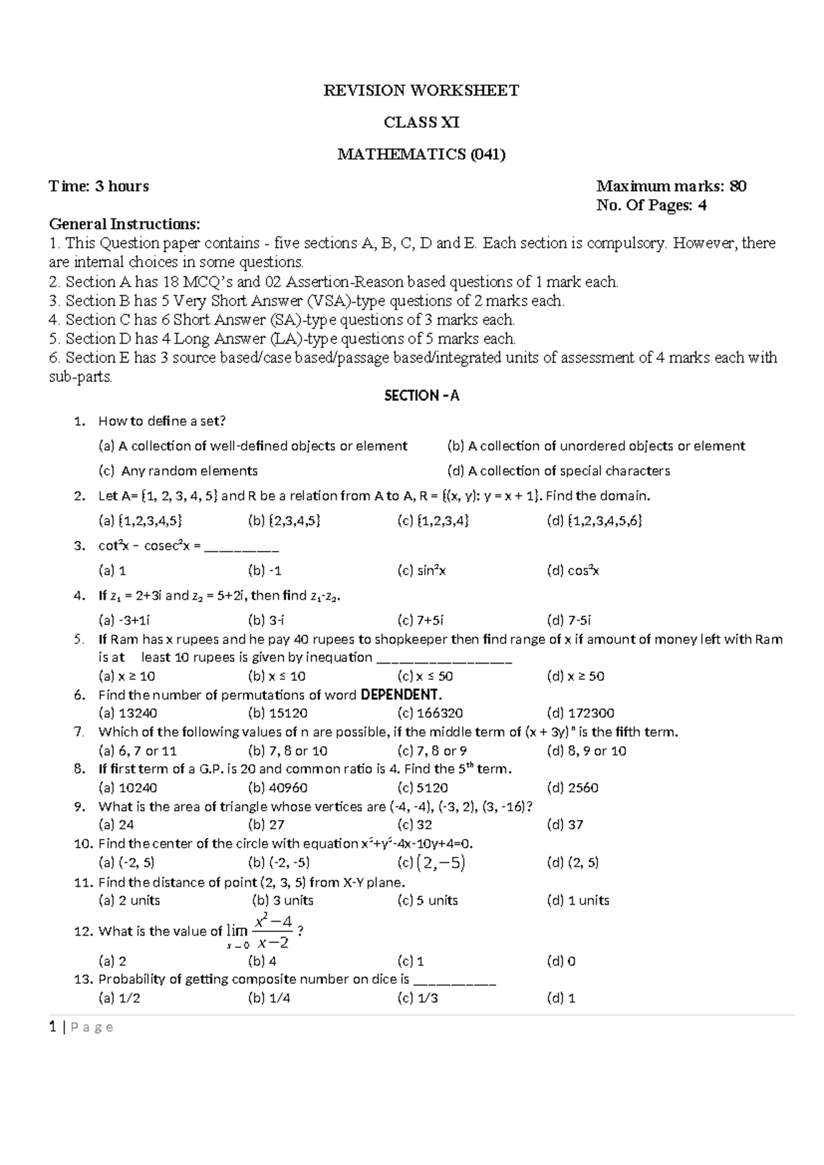 Revision Worksheet for Class XI Mathematics (041) - Studocu
