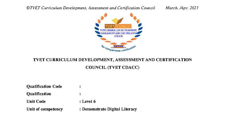 TVET Level 6 Unit: Digital Literacy Written Assessment Instructions ...