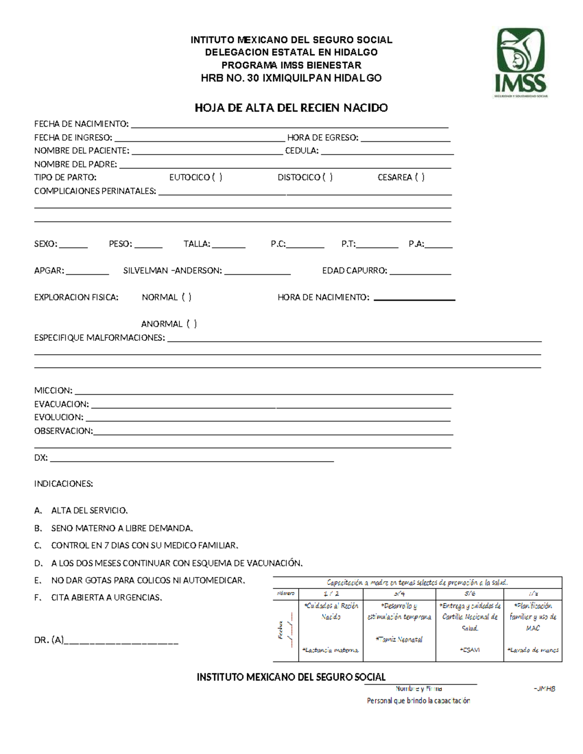 HOJA DE ALTA DEL RECIÉN NACIDO - IMSS BIENESTAR HRB NO. 30 - Studocu