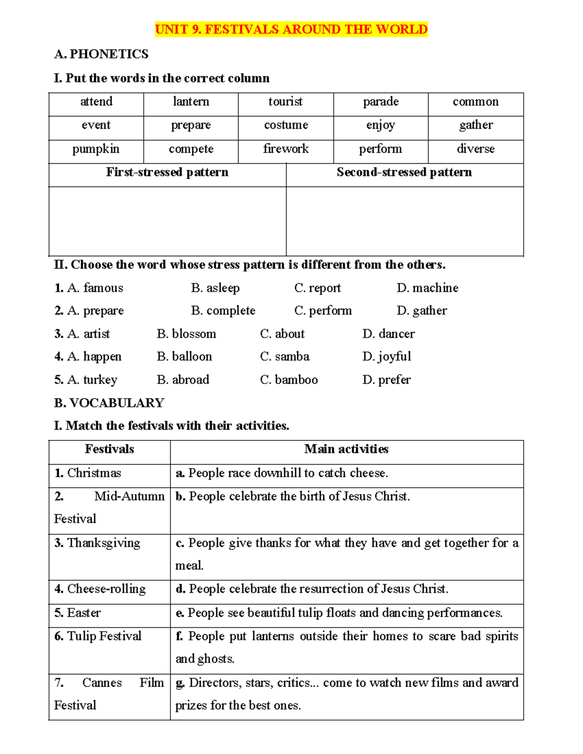 UNIT 9: Festivals Around the World - Phonetics and Vocabulary ...
