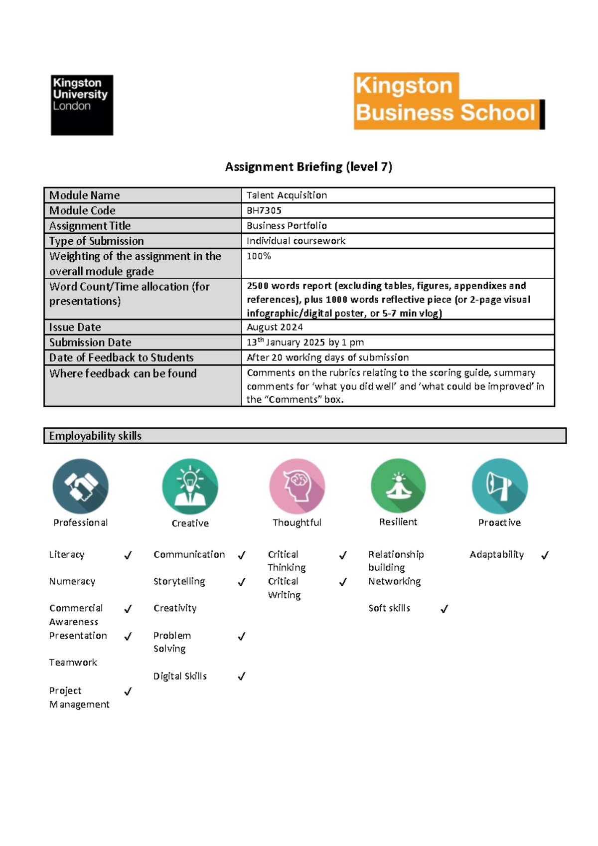 BH7305 Talent Acquisition Assignment Briefing & Portfolio 2024-25 - Studocu