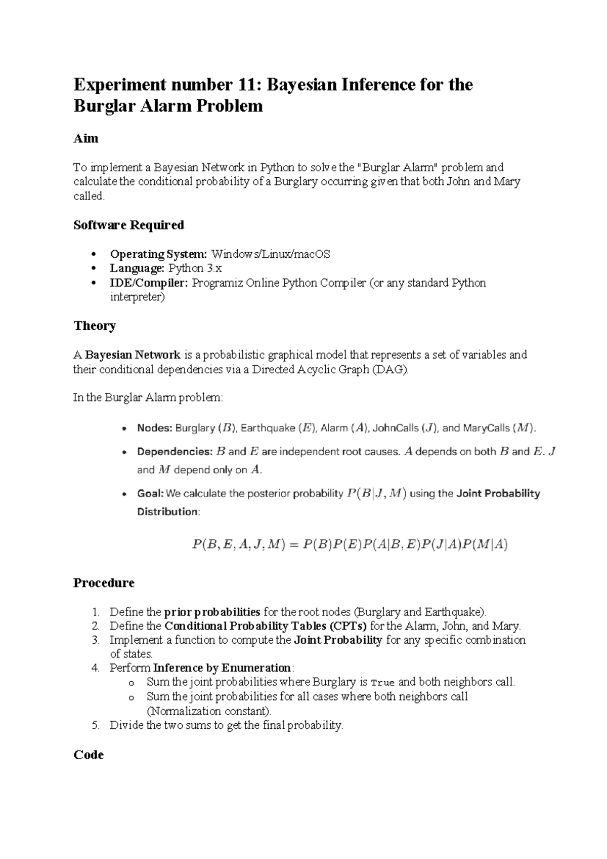 Experiment 11: Bayesian Inference for the Burglar Alarm Problem - Studocu