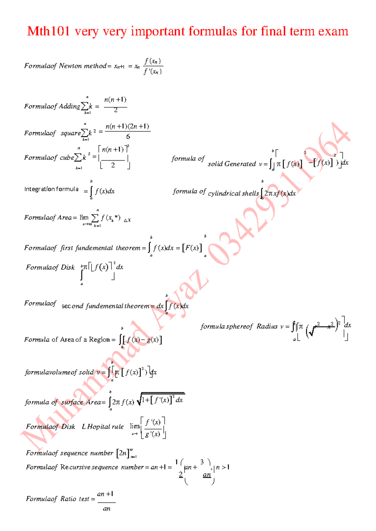 Mth101 Final Exam Essential Formulas By Muhammad Ayaz Studocu