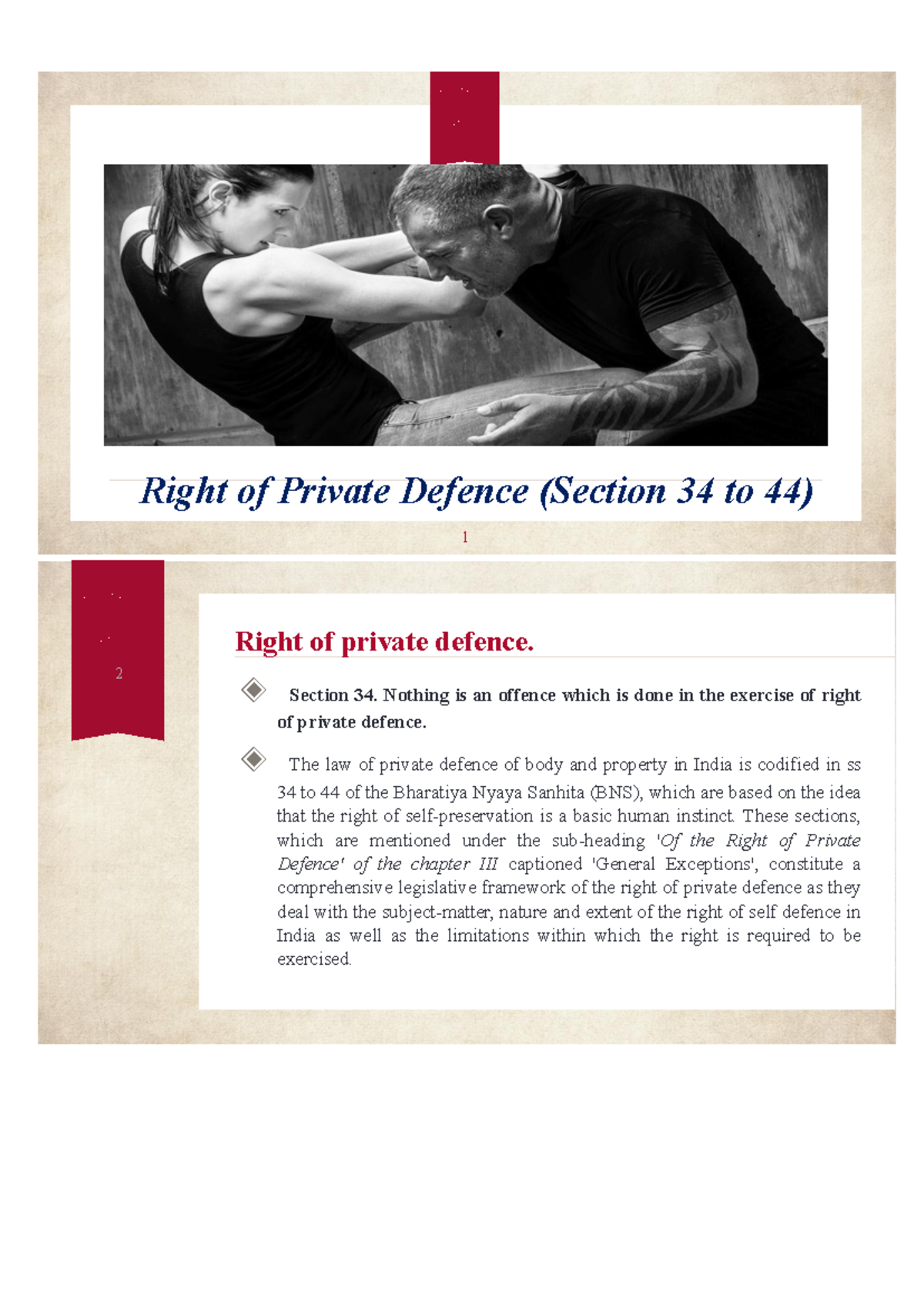 Right of Private Defence: Analysis of Sections 34-44, BNS - Studocu