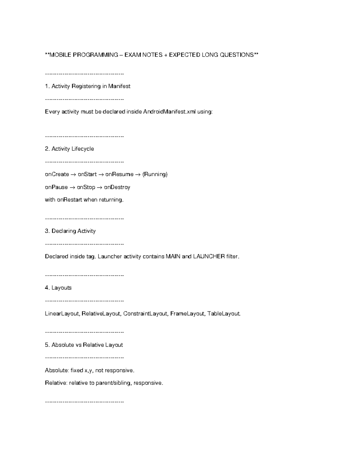 PROGRAMMING EXAM NOTES: ANDROID ACTIVITY & LAYOUTS - Studocu