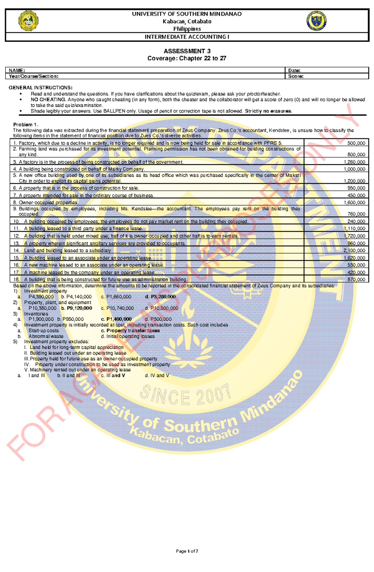Intermediate Accounting I Assessment 3 - Answer Key (Ch. 22-27) - Document Preview