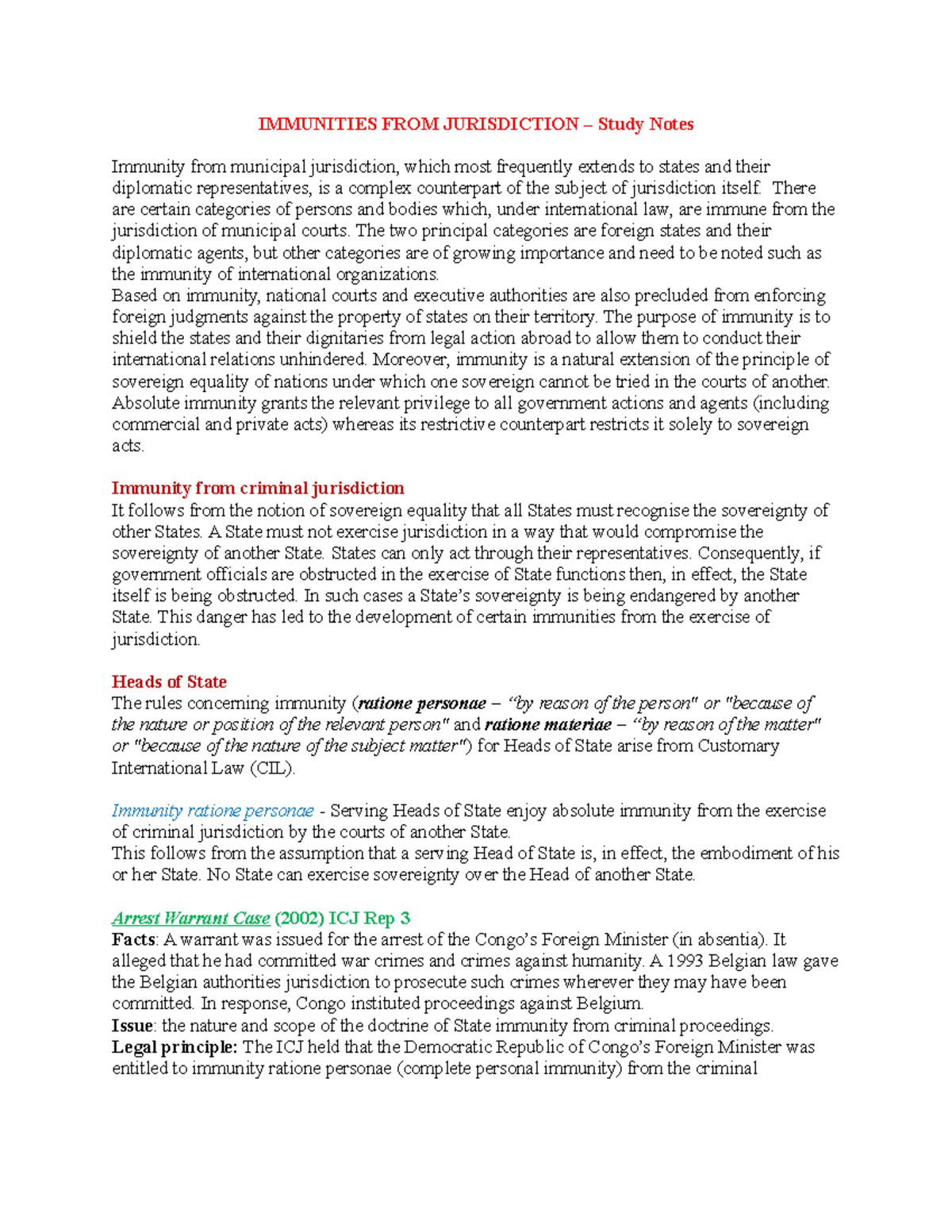 IMMUNITIES FROM JURISDICTION - Study Notes on International Law ...