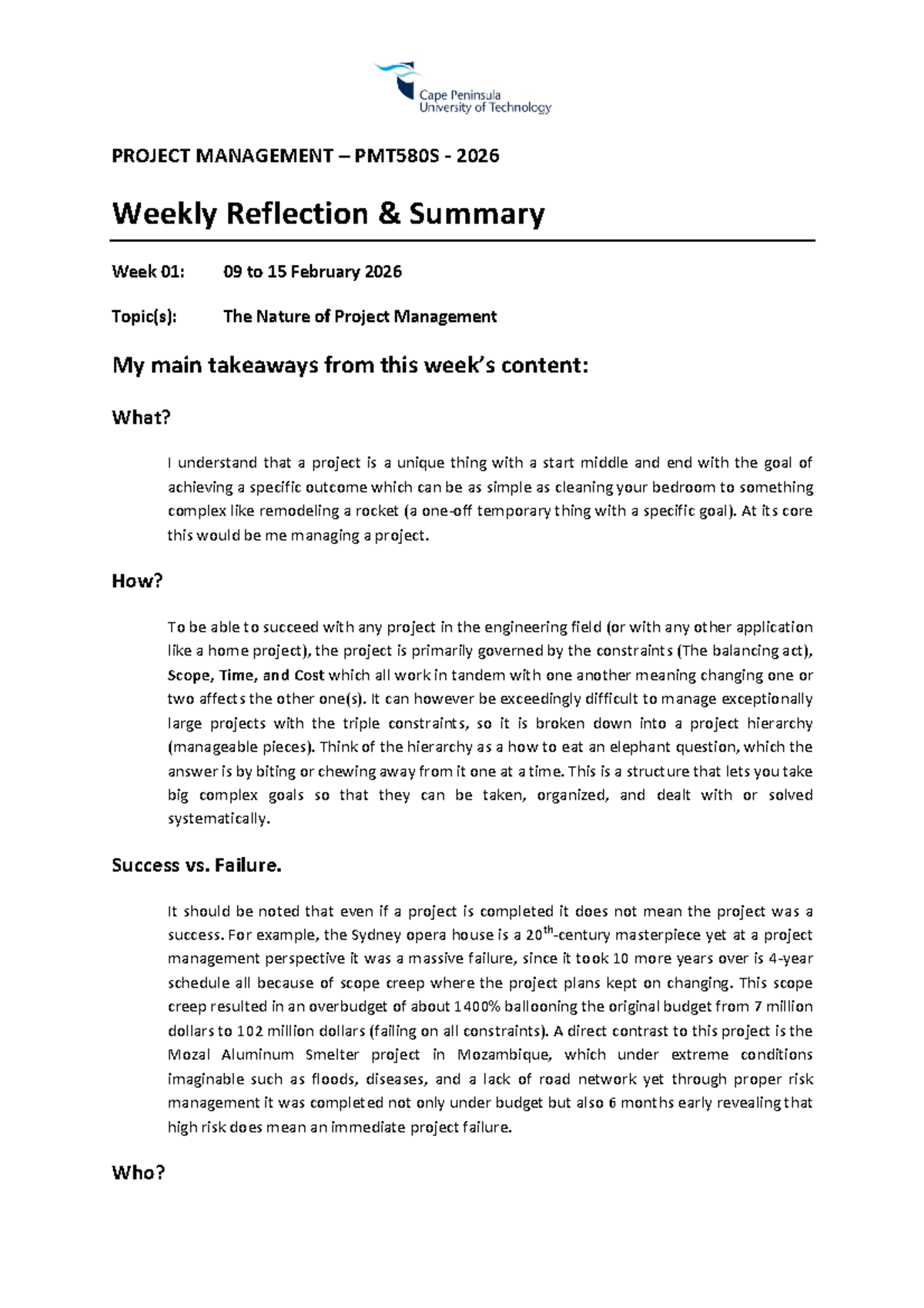 PROJECT MANAGEMENT PMT580S 2026 Weekly Reflection: Week 01 Summary ...