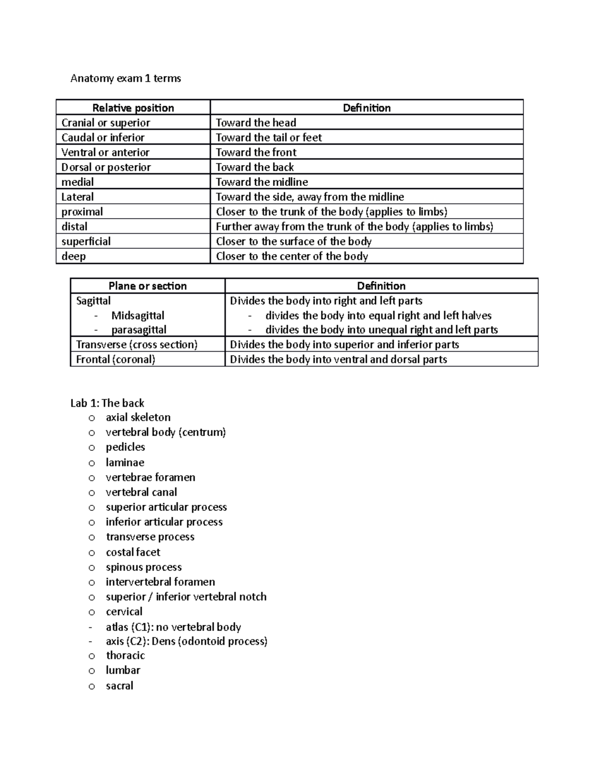 Anatomy Exam 1 Key Terms and Definitions for Study - Studocu