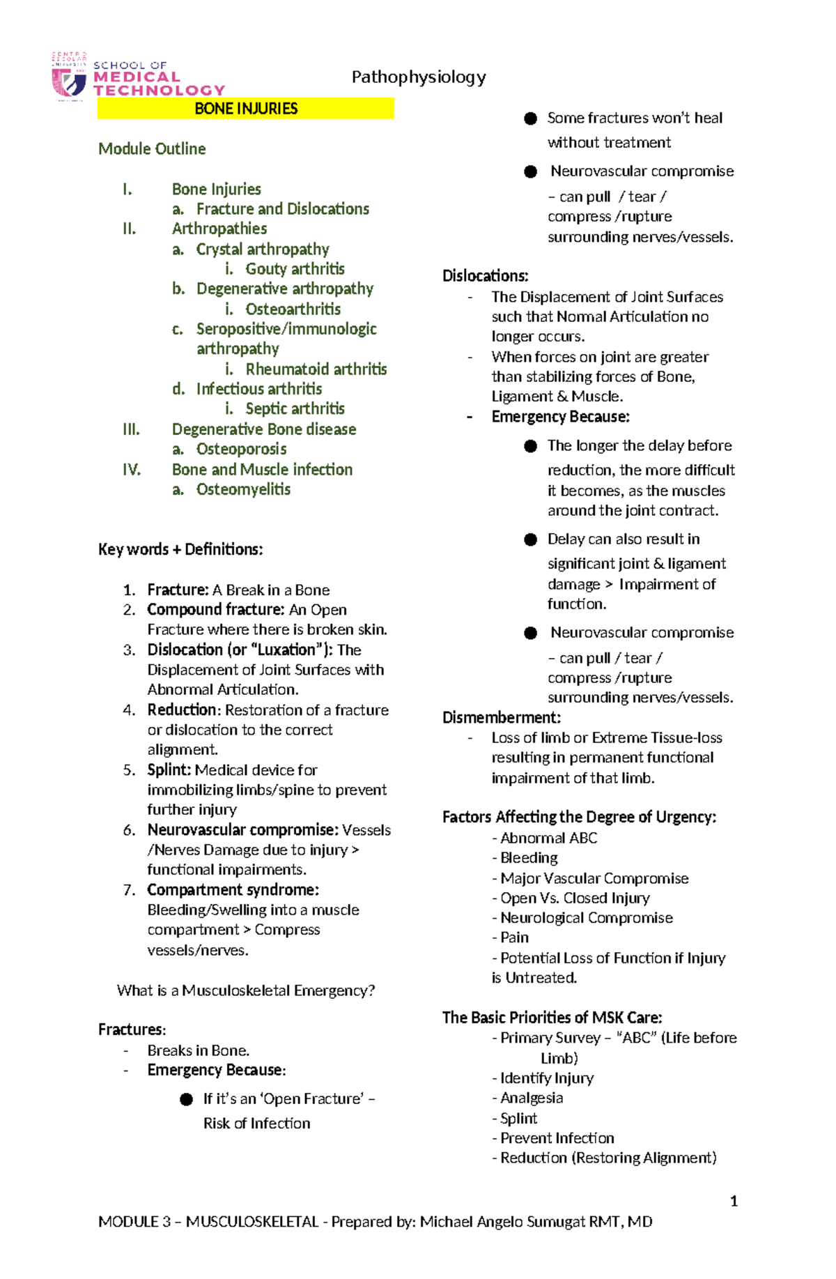Musculoskeletal Module 3: Overview of Bone Injuries and Disorders - Studocu