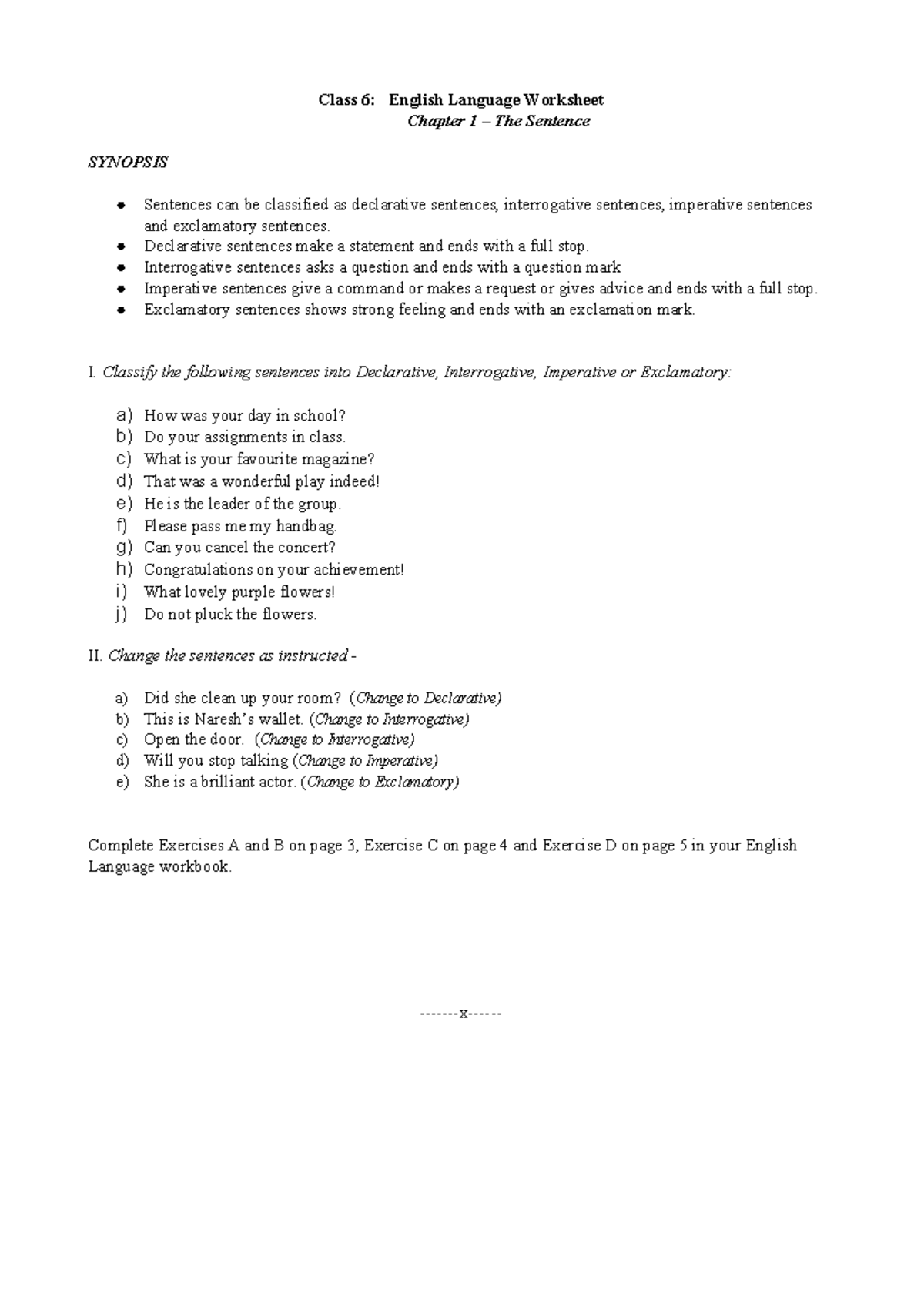 Class 6 English Language Worksheet - Chapter 1: The Sentence Guide - Studocu