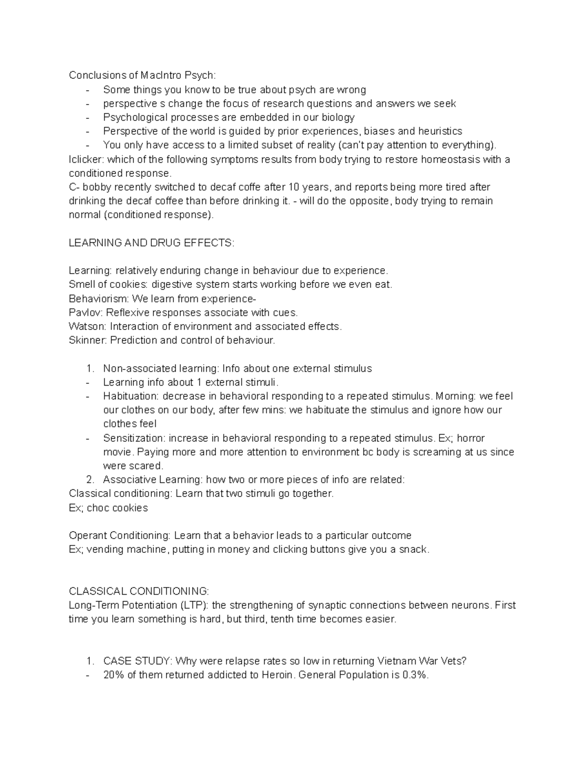 Psych 2 Lecture Notes on Learning, Conditioning, and Drug Effects - Studocu