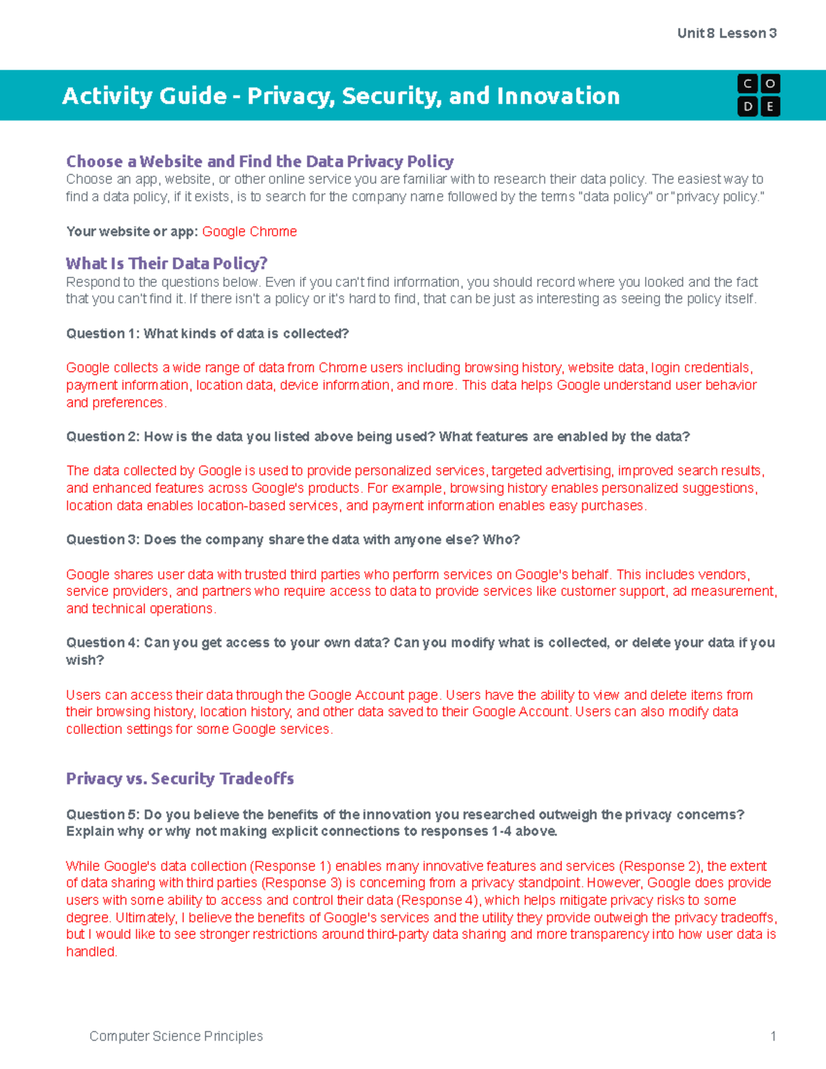 Computer Science Principles - Unit 8 Activity Guide on Privacy ...