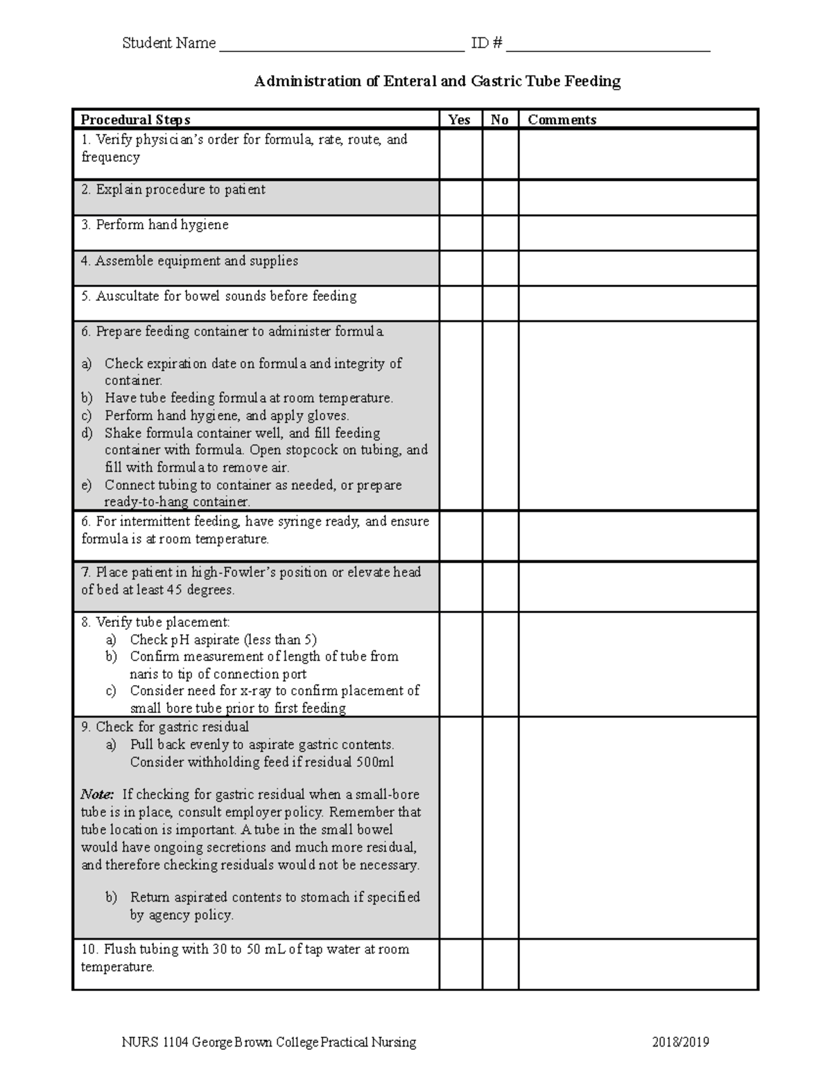 NURS 1104 Enteral Gastric Tube Feeding Skill Checklist and Procedure ...