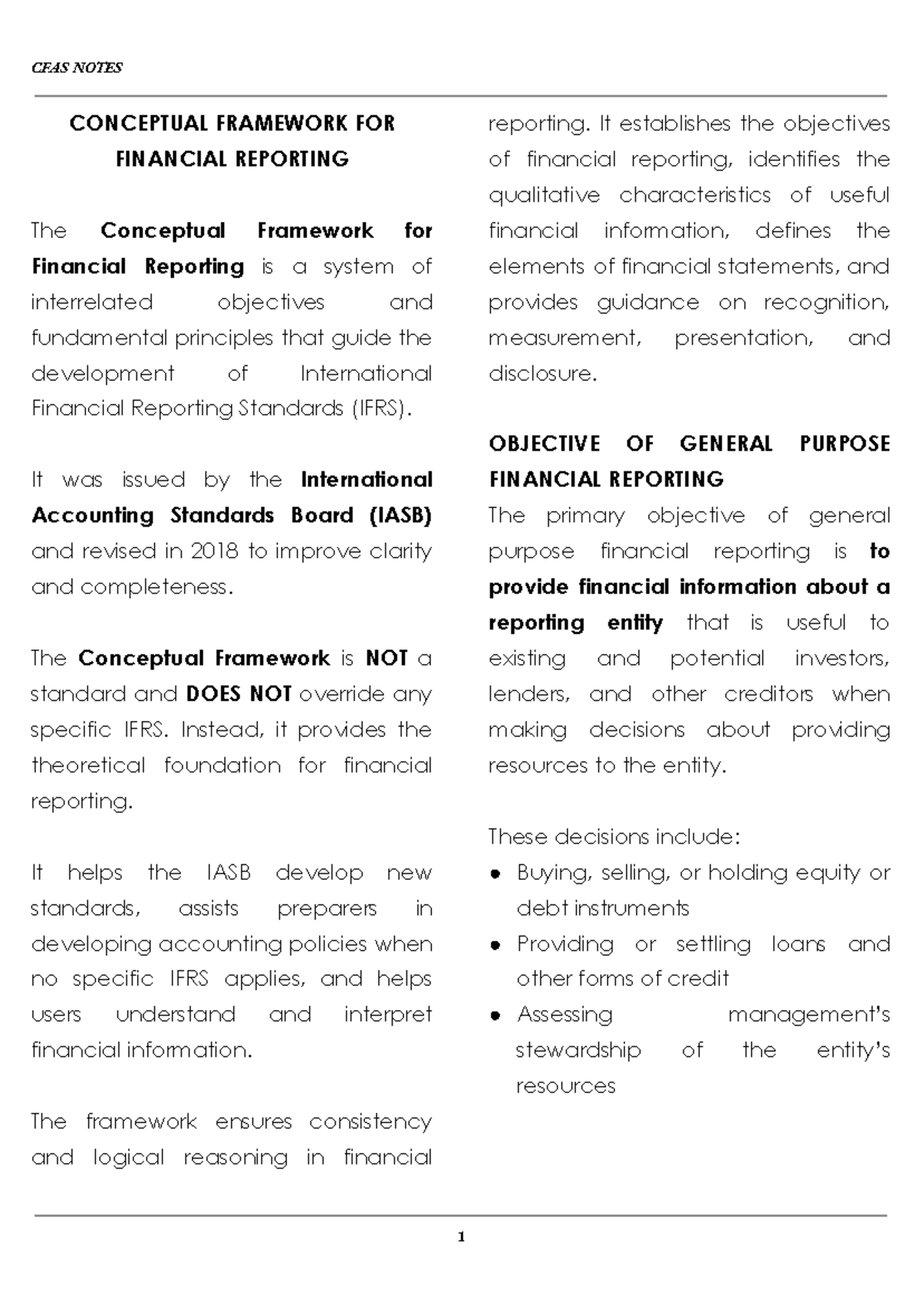 CFAS NOTES: Conceptual Framework for Financial Reporting - Studocu