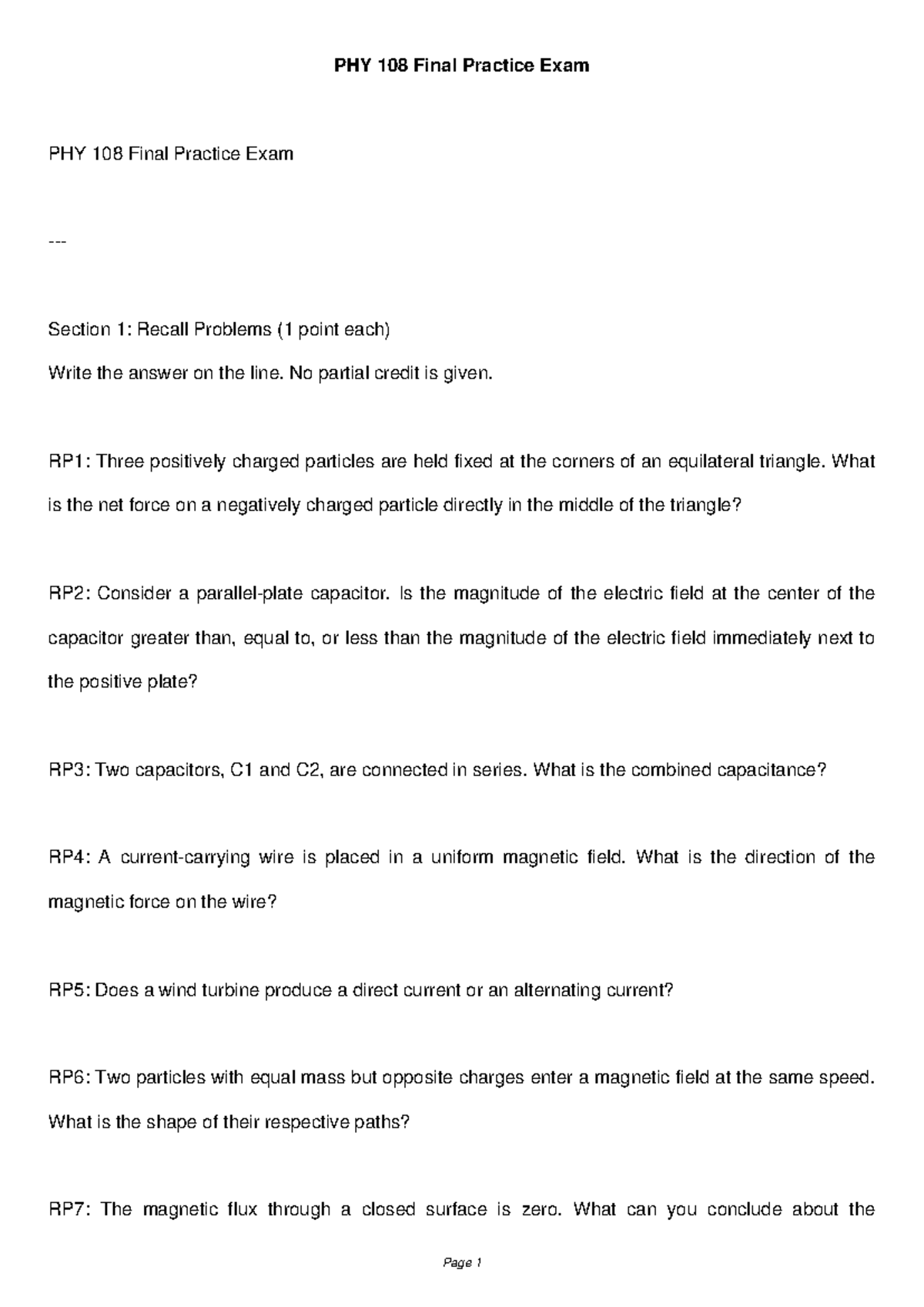 PHY 108 Final Exam Practice Questions and Solutions - Studocu