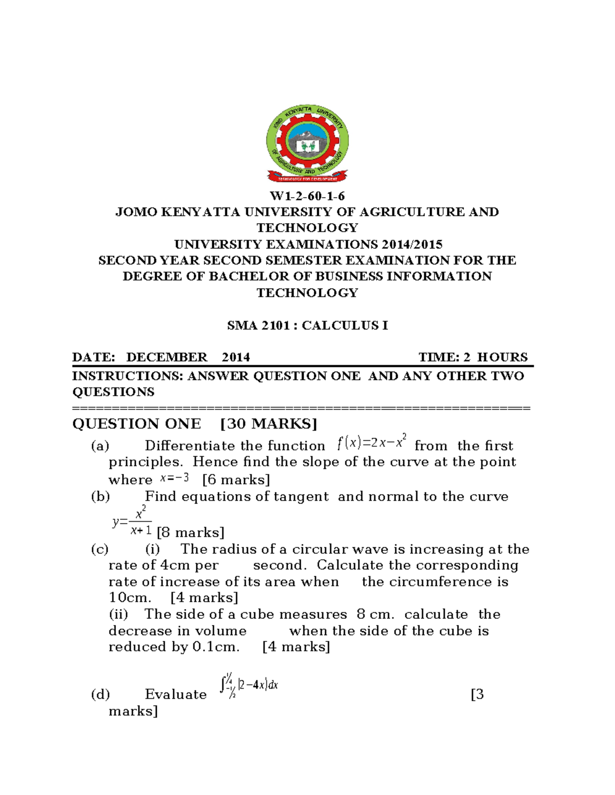 SMA 2101: Calculus I - Revision Notes for 2014 Exam - Studocu