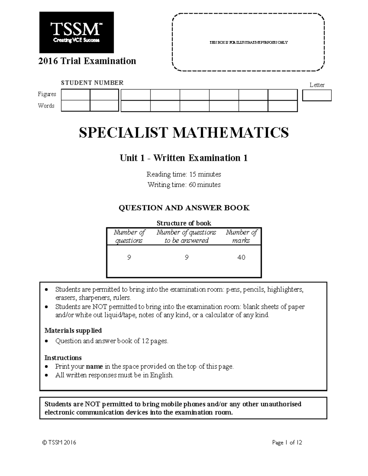 2016 SPECMATH Unit 1 Trial Exam 1 - Question & Answer Book - Studocu