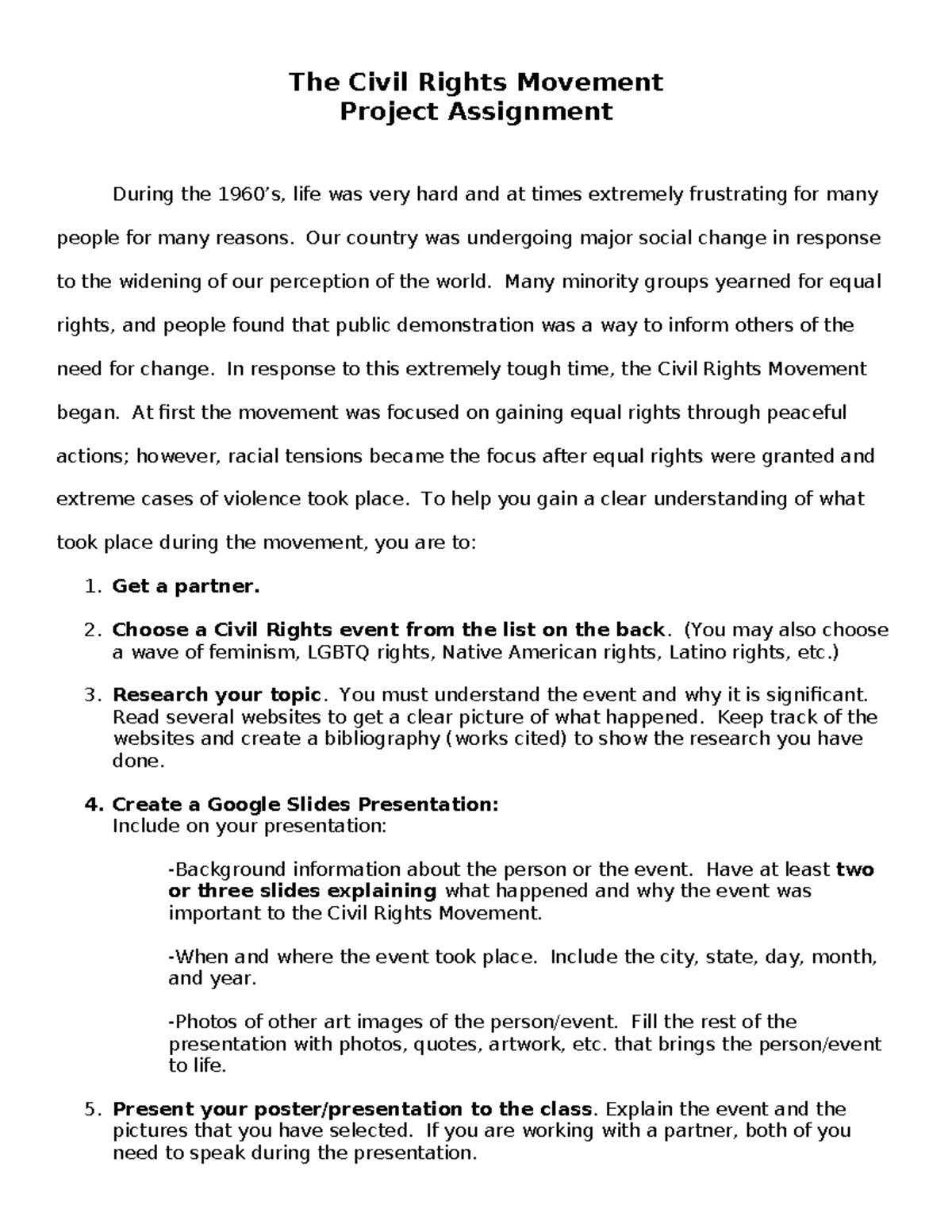 Civil Rights Movement Project Assignment: Key Events & Research - Studocu
