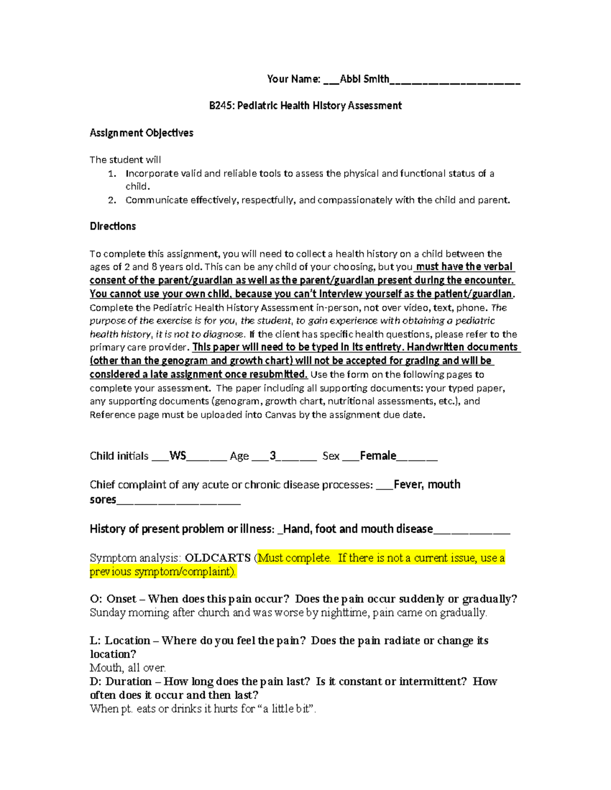 B245: Pediatric Health History Assessment Assignment Guide - Studocu