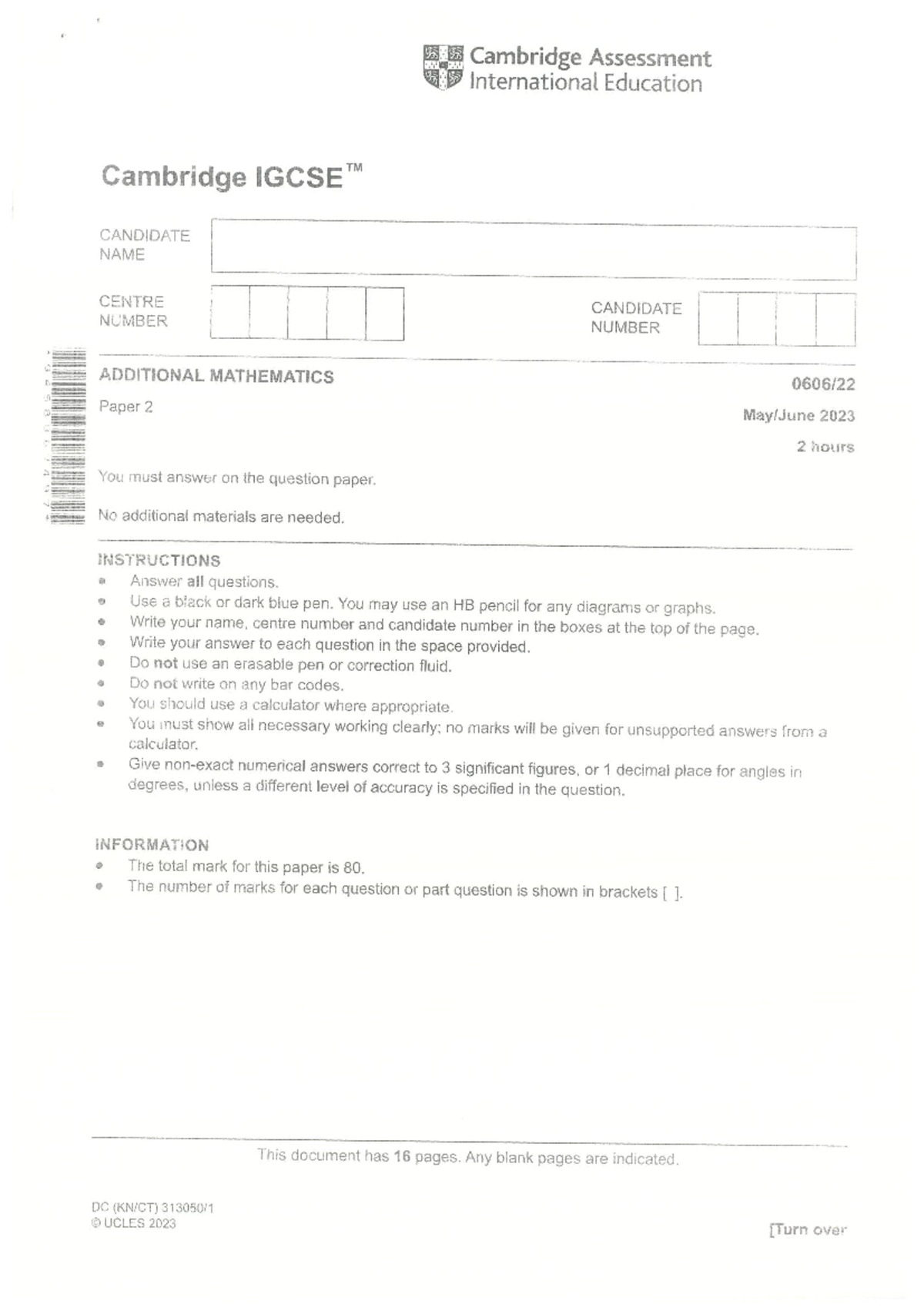 Cambridge IGCSE Additional Mathematics Paper 2 (0606) - 2023 Exam Guide ...