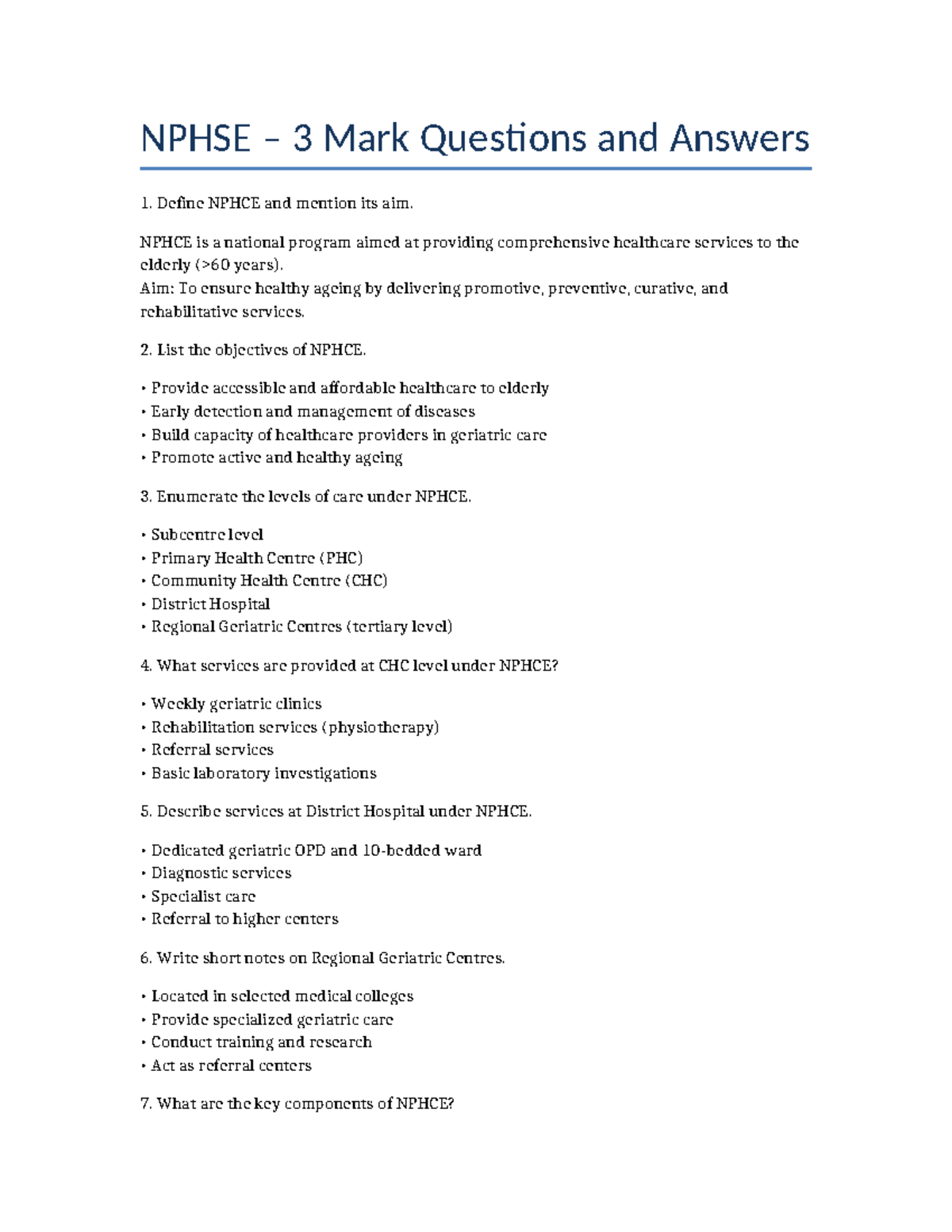NPHSE Important Questions on NPHCE: Key Concepts and Services - Studocu