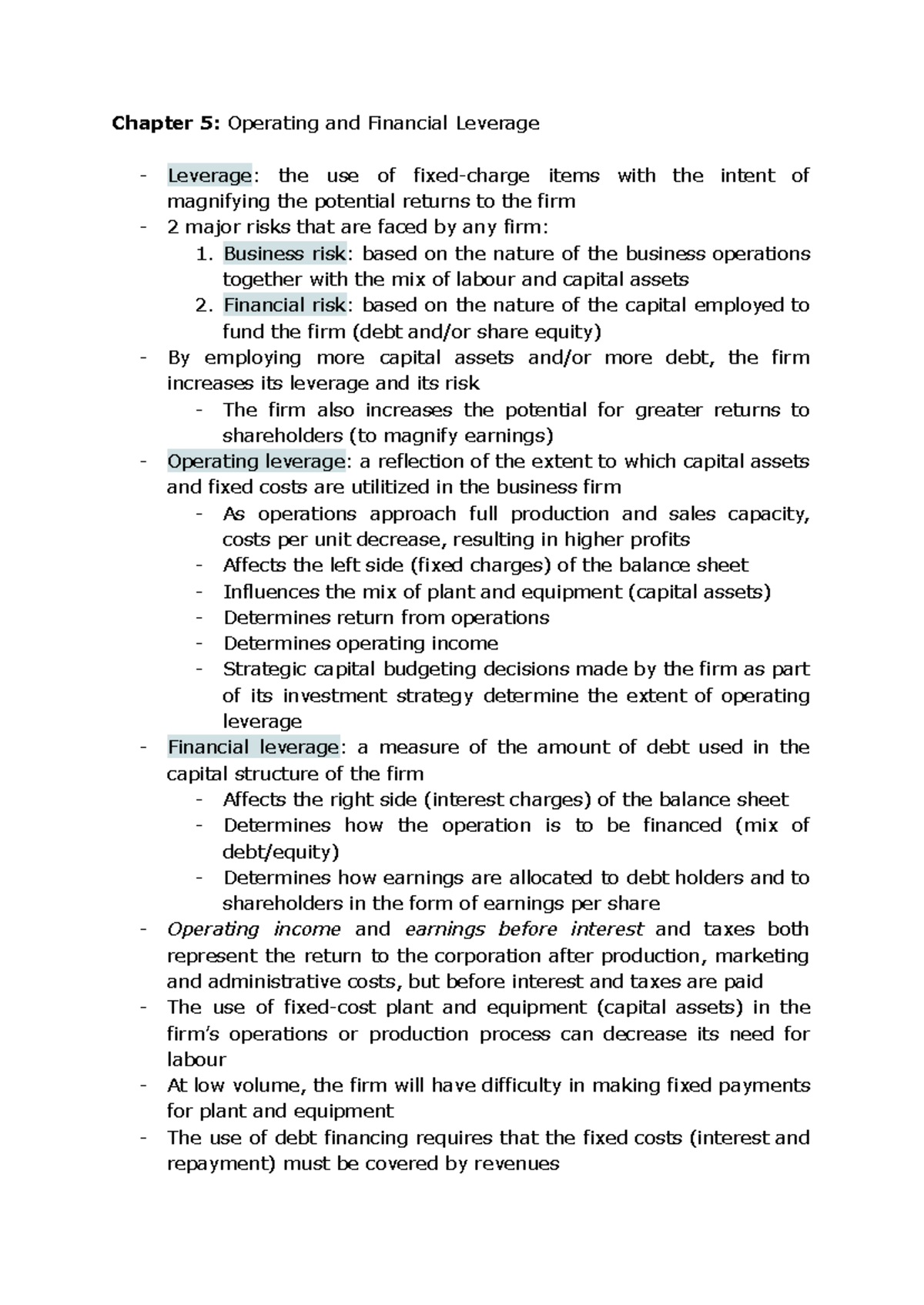 Chapter 5: Operating and Financial Leverage Notes - Studocu