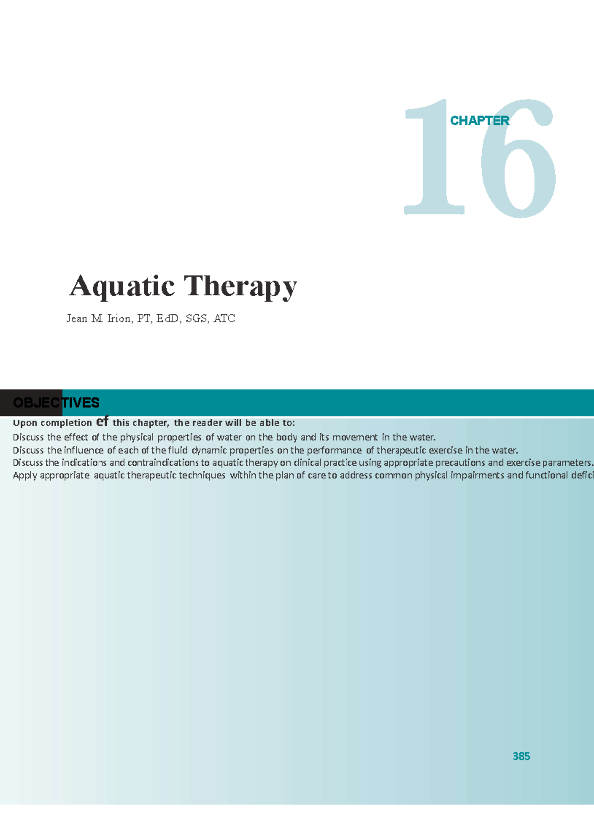 Aquatic Therapy Overview & Techniques - PT 385 Chapter Notes - Studocu
