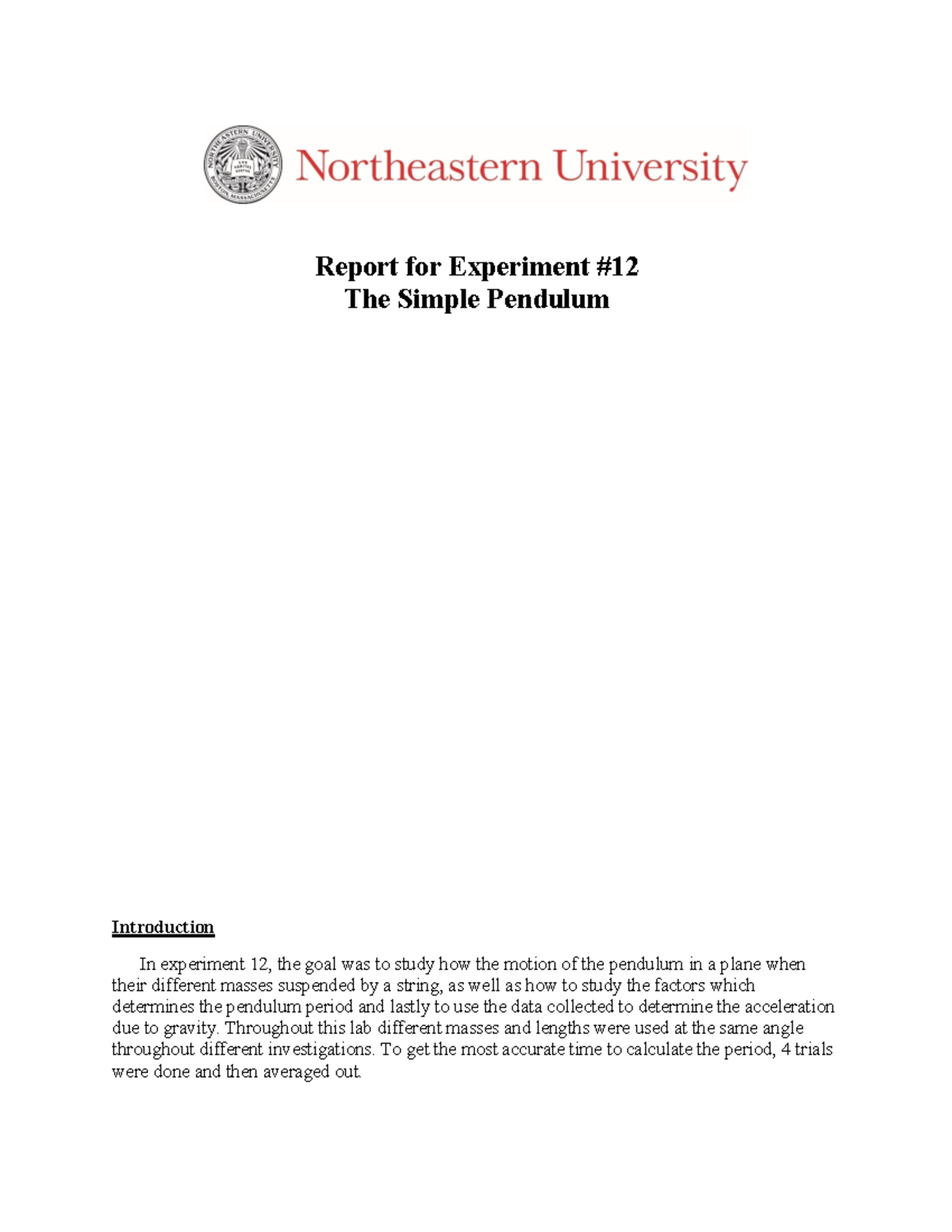 Lab 1 - Simple Pendulum Experiment Report for Physics 2 - Studocu