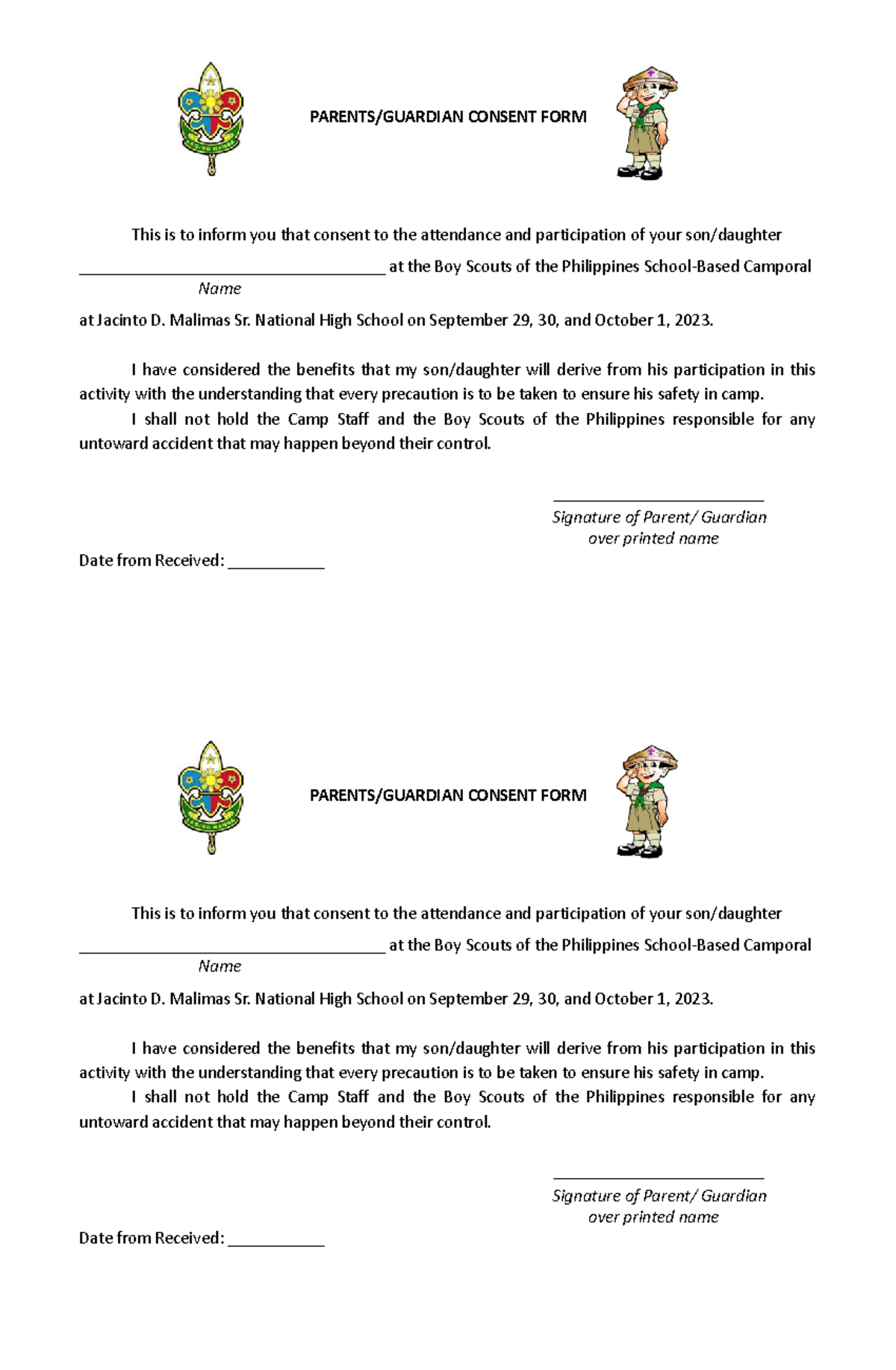 106250962 Parents Consent Form for Camporal Event - Studocu