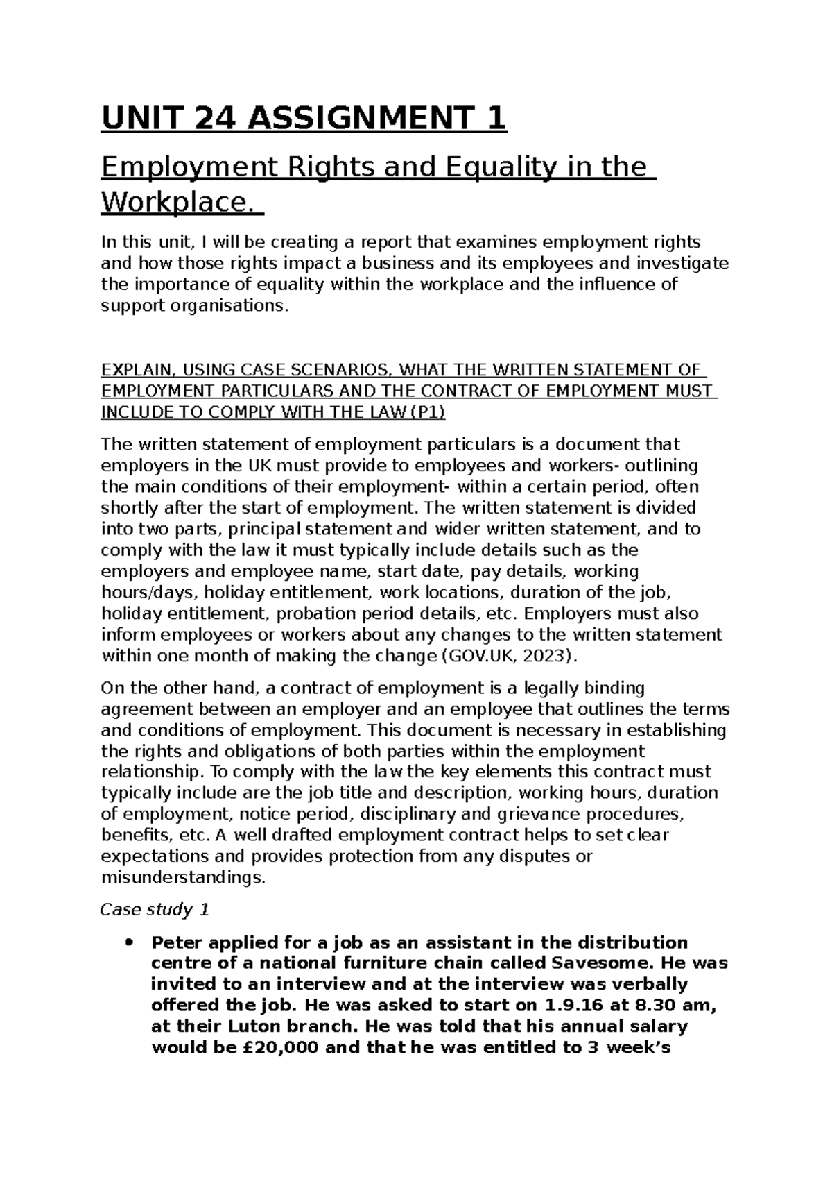 UNIT 24 Assignment 1 - Employment Rights & Equality in the Workplace ...