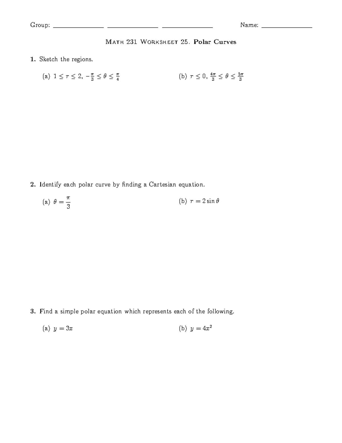 Math 231 Worksheet 25: Exploring Polar Coordinates and Curves - Studocu