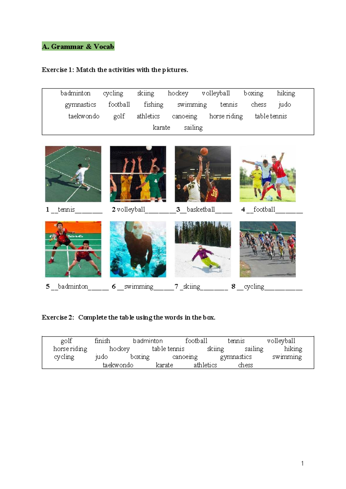 Unit 3 Lesson 1 - Sports and Activities Vocabulary Exercises - Studocu